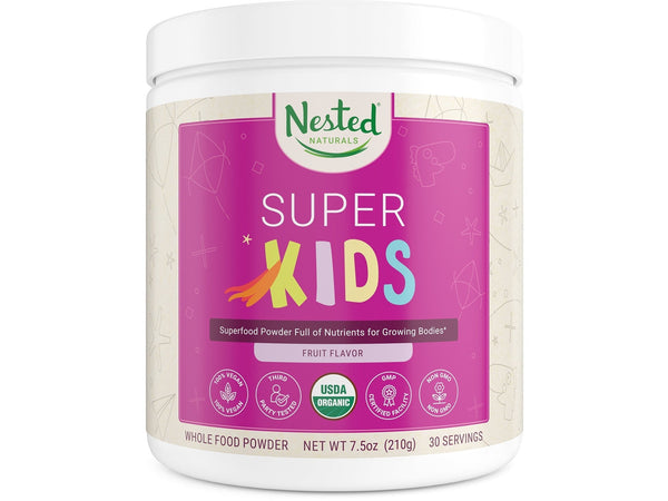 Super Kids | 100% USDA Organic Vegan Superfood Powder for Kids | 30 Servings of Greens, Veggies, Fruits, Seeds | Natural Fruit Flavor 0g Sugar | Non-GMO Plant-Based Nutrition. By Nested Natural.