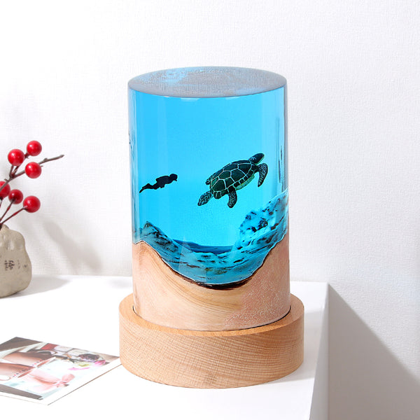 HandMade Wood & Resin Lamp light with Turtle and the Diver. Made for parashuteHome