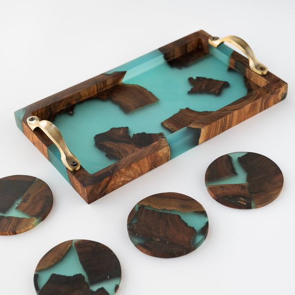 Blue green Epoxy Resin and Wood Tray with set of 4 Coasters 30cm * 17.5cm, HandMade for parashuteHome.
