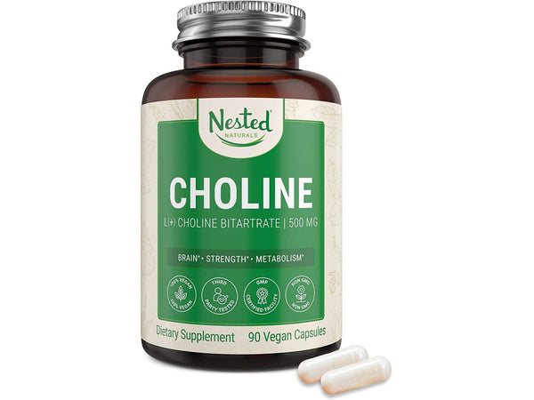 Choline Bitartrate 500mg – Prenatal Supplement for Development & Growth Boost Choline Levels Anxiety Relief Promotes Brain Health Mental Focus & Memory | 100% Vegan & Non-GMO Choline, By Nested Natural.
